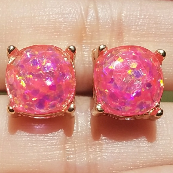 Gold Tone Pink Glitter Stud Earrings - Picture 3 of 5